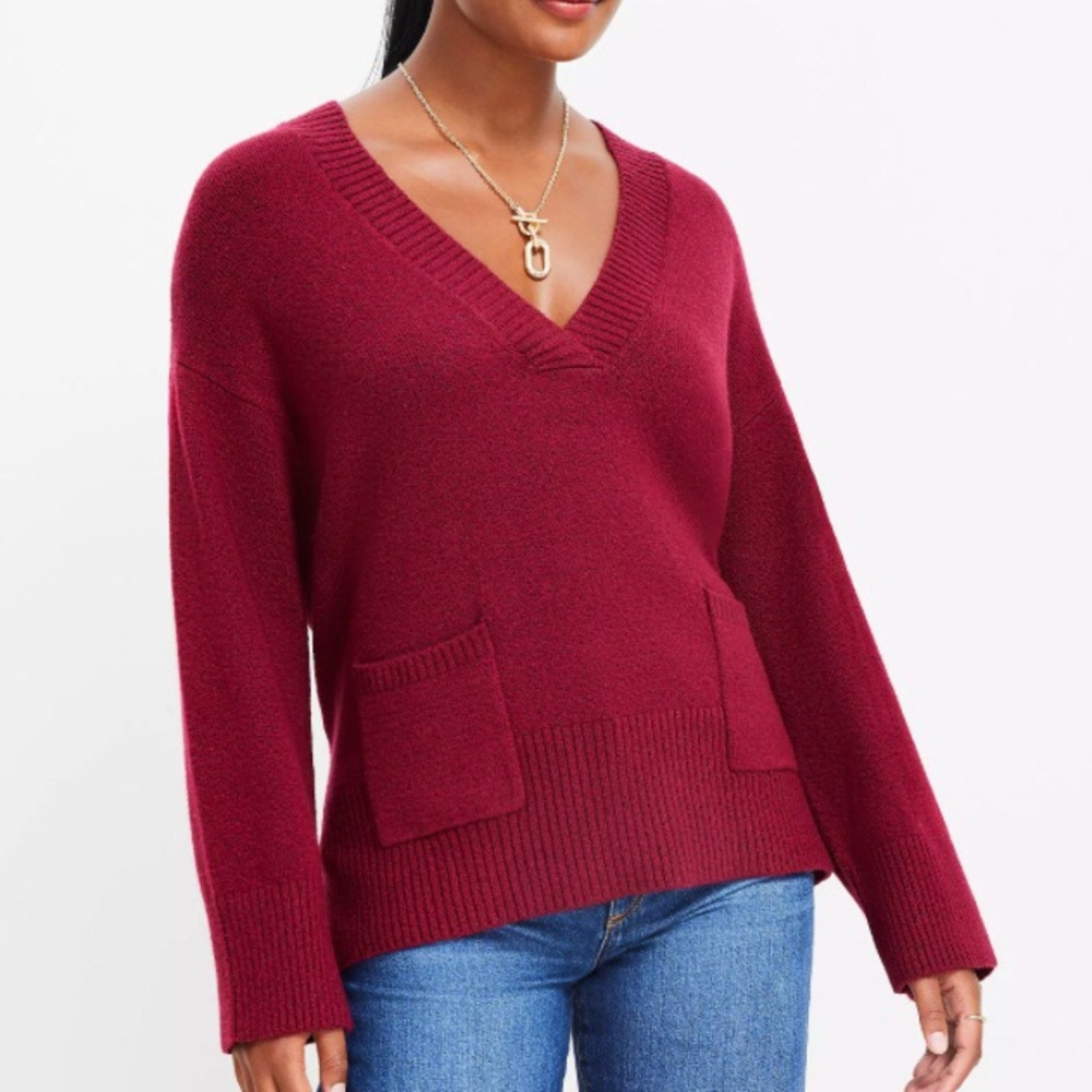 LOFT NWT V-Neck Pocket Sweater Burgundy Sz Large